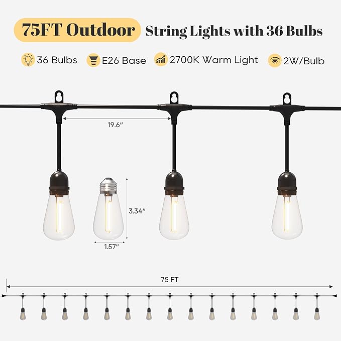 LED Outdoor String Lights, Bulbs Shatterproof Patio Lights with 8 Lighting Modes, 4-Level Dimmable Warm White, Waterproof Hanging Lights for Garden, Pergola, Bistro, Party Decor, Dimmable 2700K (75FT)