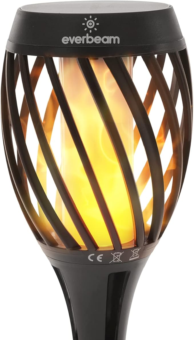 Everbeam P2 Solar Flickering Flame Torch Light - Automatic IP65 Waterproof Solar Tiki Lights with A Stunning Realistic Flame & Distinctive Lampshade - Quick No Tool Installation - 2 Pack
