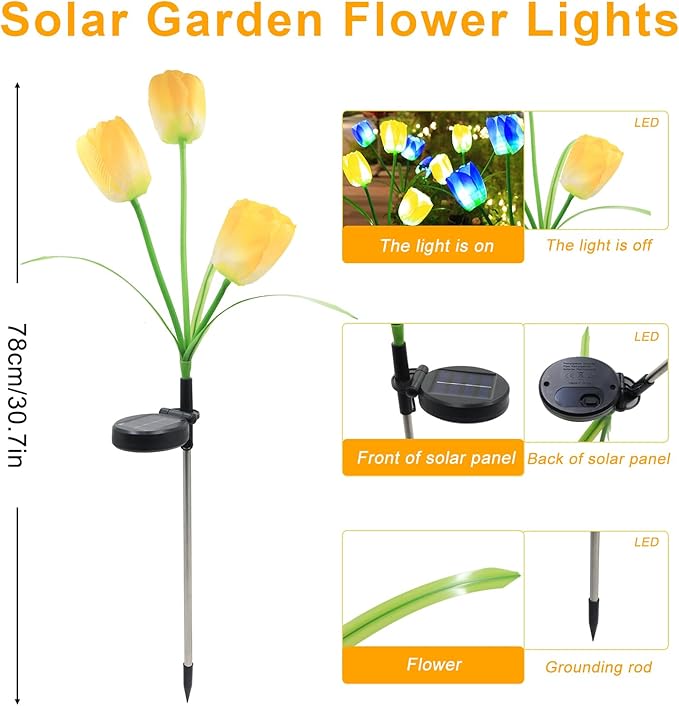 Garden 4 Pack LED Solar Flower Lights with More Realistic Tulips Flowers Solar Garden Lights Outdoor Waterproof for Yard Patio Lawn Pathway Walkway Decoration Yellow & Blue Combo