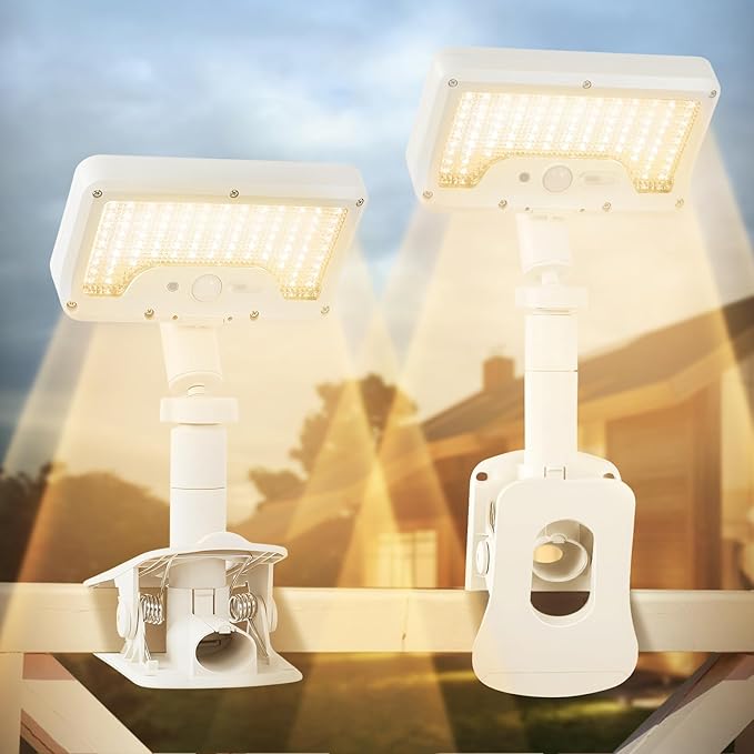 Clip On Solar Lights Outdoor with Motion Sensor, 360°Rotatable & Vertically Adjustable Solar Fence Lights with 92 LEDs (600 LM, 3000 K),IP65 Waterproof Security Light for Deck, Gutter（White, 2 Pack）