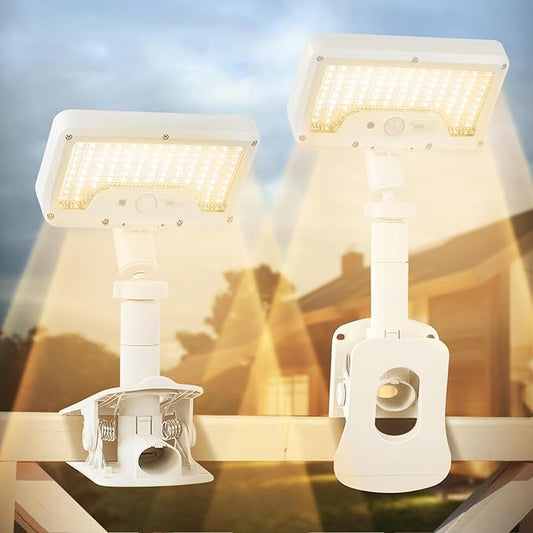 Clip On Solar Lights Outdoor with Motion Sensor, 360°Rotatable & Vertically Adjustable Solar Fence Lights with 92 LEDs (600 LM, 3000 K),IP65 Waterproof Security Light for Deck, Gutter（White, 2 Pack）