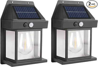 2-Pack 6.8" H Outdoor Solar Wall Light Motion Sensor Porch Flood Dawn Lighting 3 Lights Modes for Patio Garage Shed Barn Door Yard Outside Decorative Waterproot,- Black.