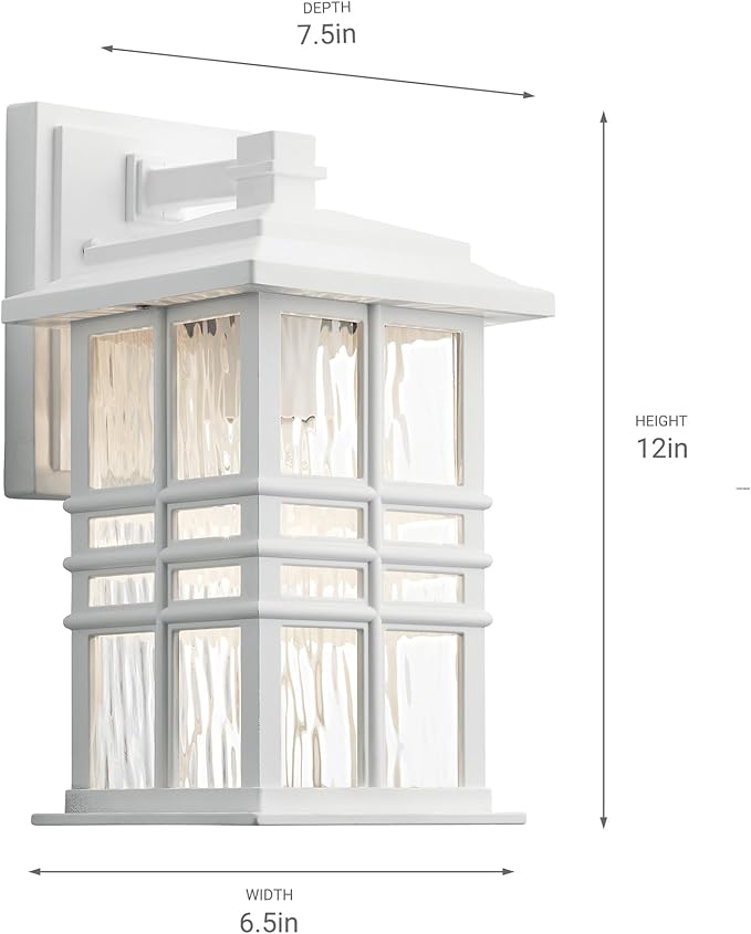 Kichler Beacon Square 12" Outdoor Wall Light in White, 1-Light Exterior Wall Sconce with Clear Hammered Glass, (12" | Lumora