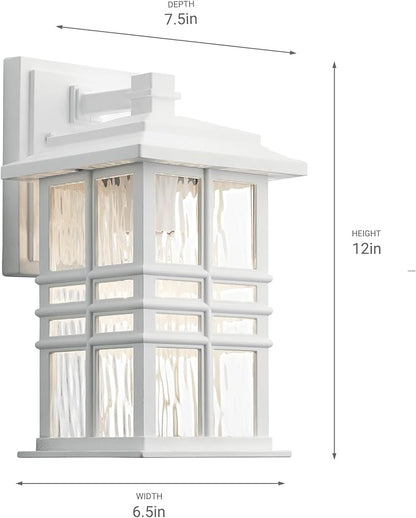Kichler Beacon Square 12" Outdoor Wall Light in White, 1-Light Exterior Wall Sconce with Clear Hammered Glass, (12" H x 6.5" W), 49829WH