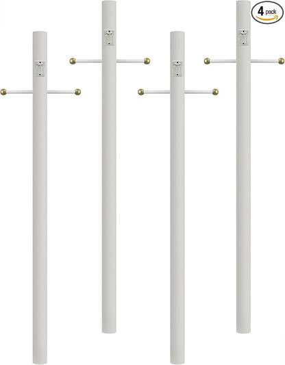Solus 7-Foot Direct Burial Lamp Post – Outdoor Aluminum Light Pole with Decorative Cross Arm & 120V Outlet – Fits 3" Post Top Fixtures, Made in USA, Black, Bronze, or White, (White, Set of 4)