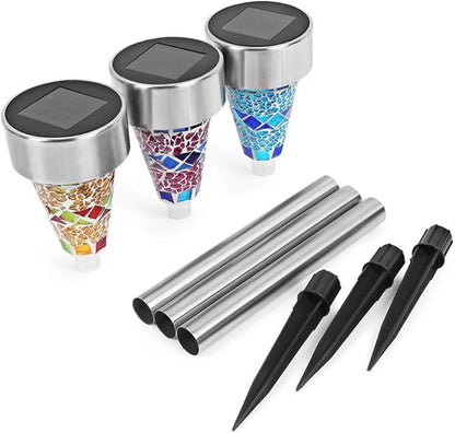 Solar Lights 3 Pack,Solar Garden Lights Solar Path Lights Stainless Steel Solar Glass Mosaic Stake Light for Garden Path Lawn Outdoor Patio Driveway