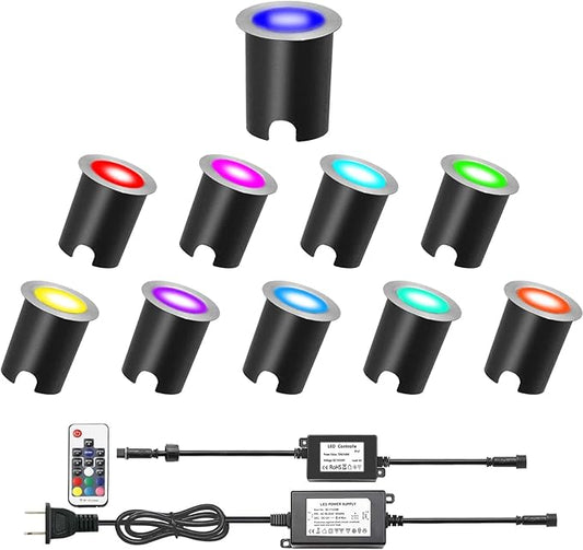 LED Recessed Deck Light Kits with Protecting Shell,LED Outdoor Landscape Lighting IP67 Waterproof, DC 12V Low Voltage for Garden,Yard,Stair,Patio,Floor,Kitchen Decoration In Ground (10pcs,RGB)