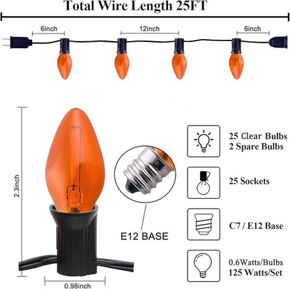 Orange C7 Christmas Lights, 25Ft C7 LED Outdoor String Lights with 27 Clear Orange Bulbs, Hanging Christmas Decorative Lights for Indoor Outdoor Holiday Party Backyard Garden, Black Wire