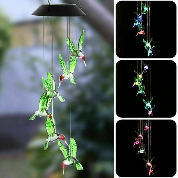 Hummingbird Solar Light - Color Changing Wind Chime for Outdoor Garden, Walkway, Pathway, Backyard - Christmas Decoration, Party Decor (Green Wing)