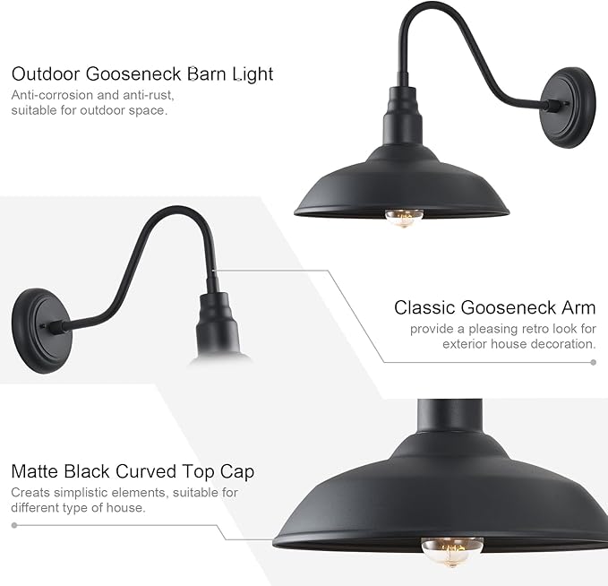 14in Outdoor Gooseneck Light Fixture for Porch, Large Exterior Barn Light with Wall Mount, Black Industrial | Lumora