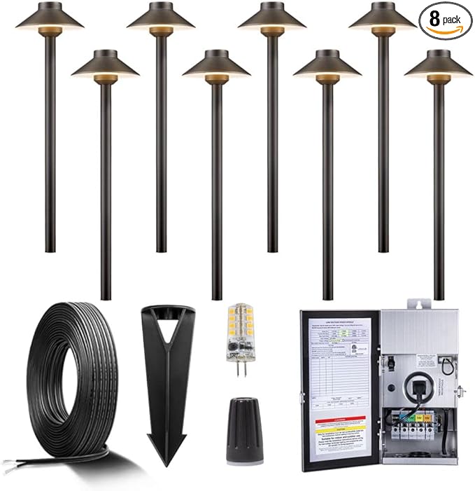 Gardenreet Brass Low Voltage Pathway Lights Kit(8 Pack) 12V LED with 150W Low Voltage Transformer and Mechanical | Lumora