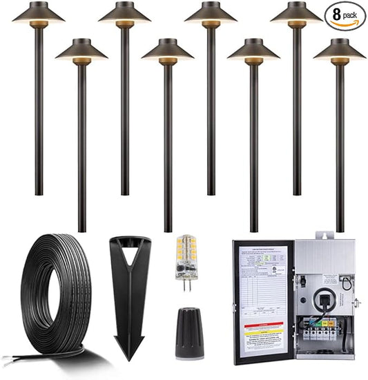 Gardenreet Brass Low Voltage Pathway Lights Kit(8 Pack) 12V LED with 150W Low Voltage Transformer and Mechanical Timer and 100 Feet Wire and 40Pack Connectors for Outdoor House Garden Sideway