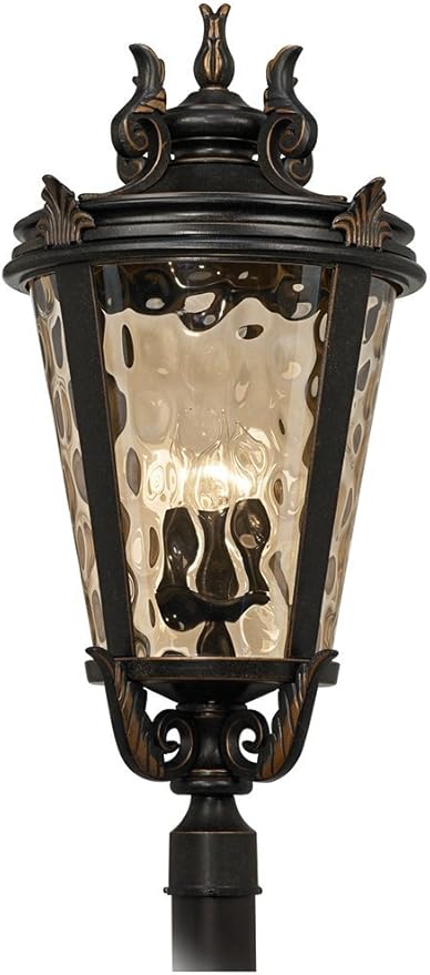 John Timberland Marseille Vintage Outdoor Post Light Fixture Veranda Bronze Scroll 33 1/2" Champagne Hammered Glass | Lumora