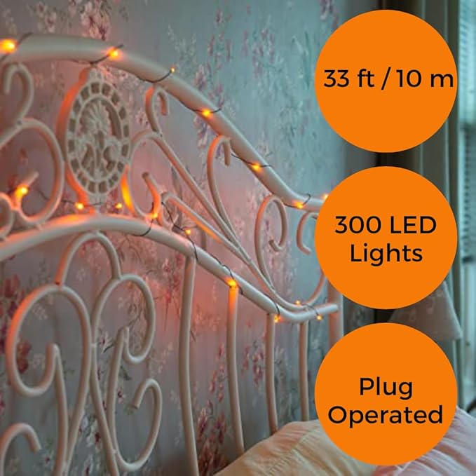 Orange Fairy Holiday String Lights, 33 ft / 10 m - 300 LED Orange Twinkle Firefly Lights for Indoor or Outdoor | Lumora