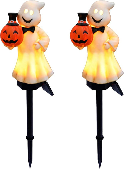 2pcs Ghost Solar Outdoor Lights, Halloween Ghost Solar Pathway Lights, Waterproof Outdoor Resin Figurine Lamp with Stake for Garden Patio Yard Pathway Decorative