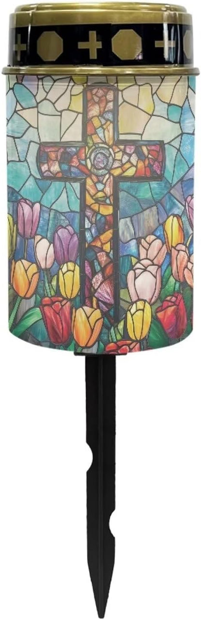 Solar Cross for Cemetery Grave Tulip Cemetery Decorations for Grave Auto On/Off LED Solar Light for Landscape Outdoor Cemetery Decor Memorial Gifts 2 Pack