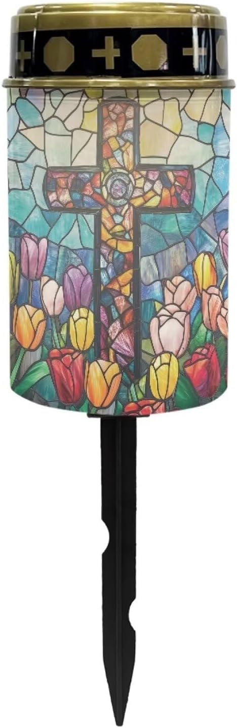 Solar Cross for Cemetery Grave Tulip Cemetery Decorations for Grave Auto On/Off LED Solar Light for Landscape Outdoor Cemetery Decor Memorial Gifts