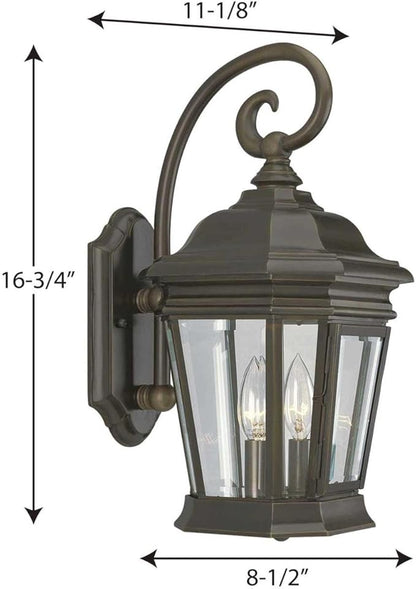 Progress Lighting P5671-108 2-Light Wall Lantern with Clear Beveled Glass Panels and Scroll Arm Details, Oil Rubbed Bronze