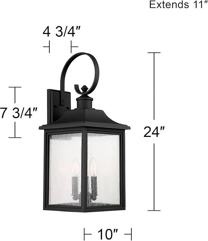 John Timberland Moray Bay Industrial Outdoor Wall Light Fixture Black Metal 24" Clear Seedy Glass Lantern Scroll Arm for Exterior House Porch Patio Outside Deck Garage Front Door Garden Home
