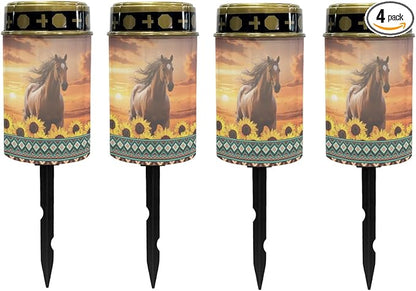 Western Aztec Horse Solar Light for Garden Yard,Horse Solar Pathway Lights Outdoor Waterproof Landscape Lighting Solar Lantern Flameless Warm White Lights Sunflower