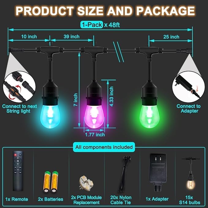 96ft Smart LED Outdoor String Lights, IP65 Music Sync Color Changing, 30 WiFi S14 Shatterproof Bulbs, Works with Alexa Google Assistant, for Patio Cafe St. Patrick's Day Holiday Decor