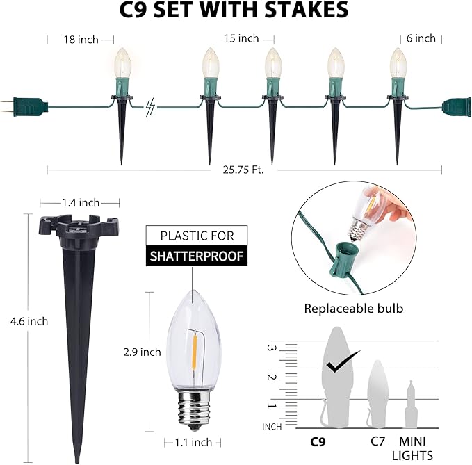 C9 Christmas Lights, 51.4ft Christmas Pathway Lights Outdoor with 40 LED Bulbs and Stakes, Connectable Waterproof | Lumora