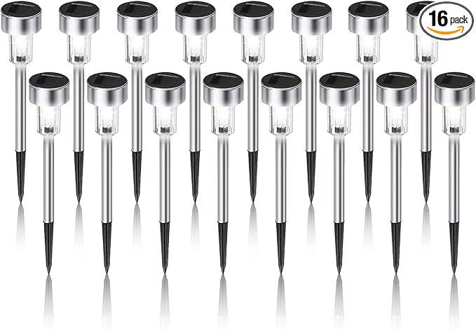 Solar Lights Outdoor Waterproof, Stainless Steel LED Landscape Lighting, Solar Garden Lights, Outdoor Valentines Day Decorations for Yard, Pathway, Walkway, Patio , Lawn - 16 Pack ( Cold White )