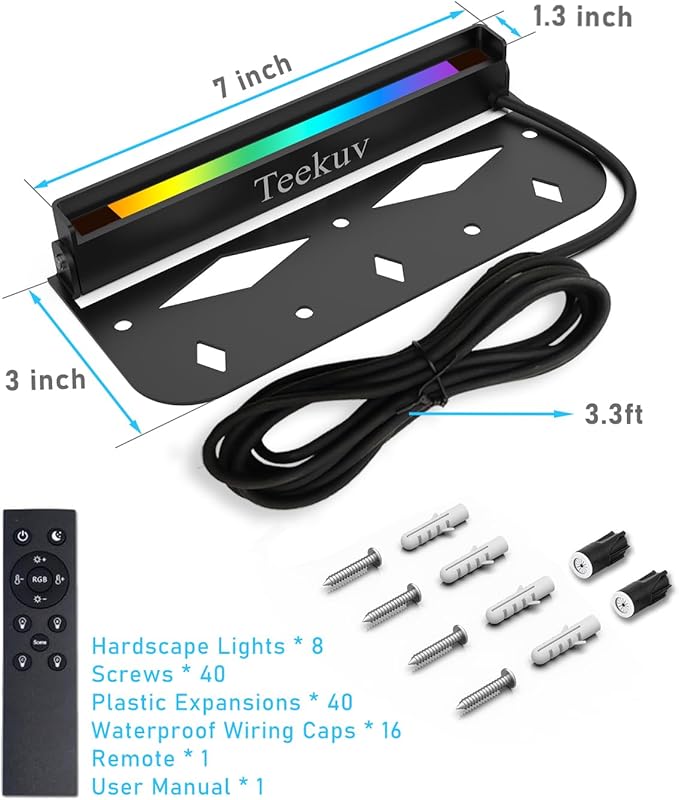 Teekuv 8 Pack 7 Inch RGB LED Hardscape Lighting, 5W Smart Retaining Wall Lights 16 Million Colors with Remote | Lumora