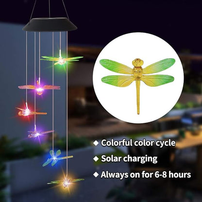 Solar Mobile Lights Hanging Wind Chime, Color Changing Outdoor Solar Garden Decorative Lights for Walkway Pathway Backyard Decoration Parties (Yellow Dragonfly)