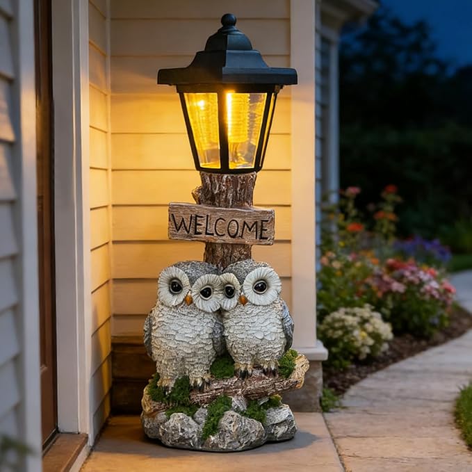 Outdoor Garden Owl Statue with Solar Lights, Owl Figure with Welcoming Sign,for Outdoor Landscapes, Courtyards | Lumora