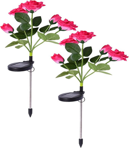 Dioche 2PCS Solar Flower Lights Outdoor - RGB Color LED Decorative Stakes Lights for Garden Pathway Walkway - Rose Light for Landscape Security - 80cm Height (Rose red)
