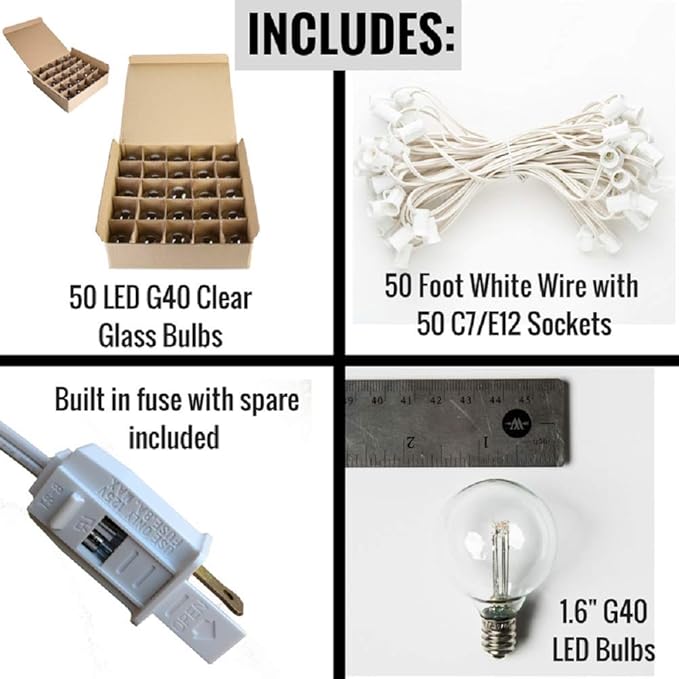 Hometown Evolution, Inc. G40 LED Warm White Outdoor Patio String Lights with 0.6 Watt Bulbs (G40 LED 3 Diode - White Wire, 50 ft)