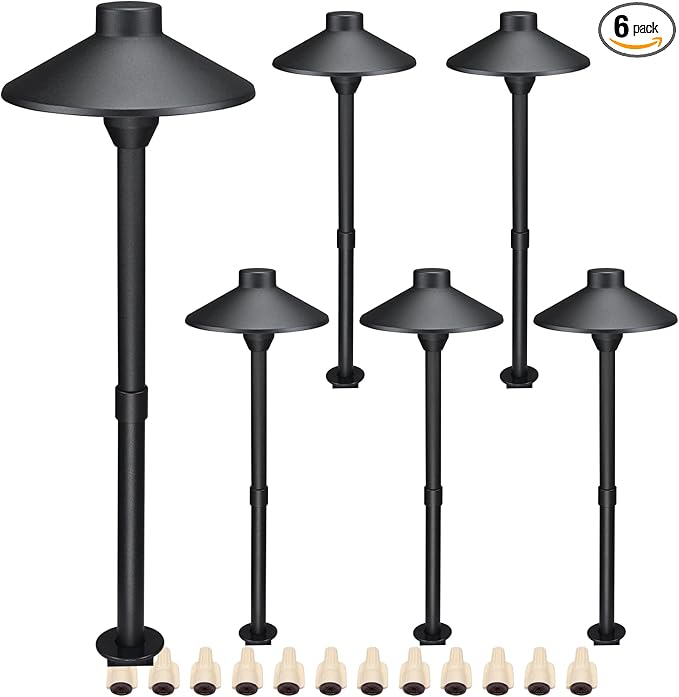 Lumina Lighting® Low Voltage Landscape Lighting Cast-Aluminum Path and Area Light Warm White 3W G4 LED Bulb and ABS Ground Stake Included for Yard Walkway Lawn PAL0106-BkLED6 (Black,6-Pack)
