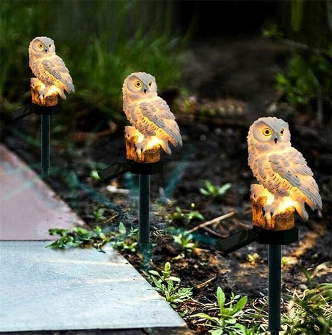 2 Pack Owl Solar Lights Outdoor Garden Resin Waterproof Garden Decorations with Stake for Patio, Yard, Lawn, Walkway Decoration Scare Birds Away(White)