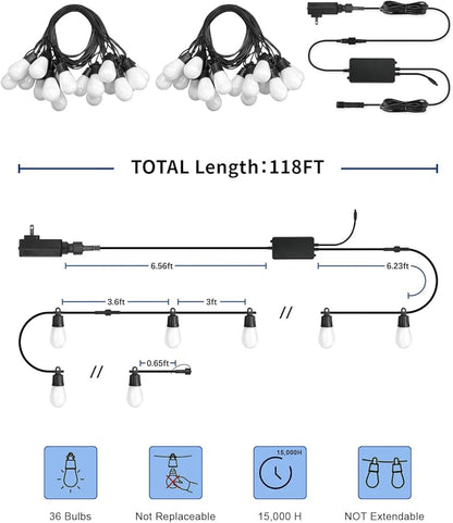 Outdoor String Lights APP Control with Remote, 118(98+12) ft RGB+IC+Warm White Outdoor Light 36 LED Bulbs, NOT Extendable, Music Sync for Garden Party Decor Christmas