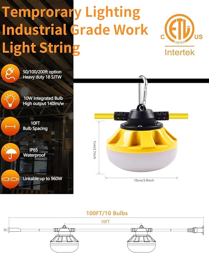 100FT LED Construction String Lights 10 Bulbs,10000LM,Industrial Grade,Weatherproof, Linkable 5000K Super Bright | Lumora
