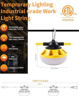 100FT LED Construction String Lights 10 Bulbs,10000LM,Industrial Grade,Weatherproof, Linkable 5000K Super Bright | Lumora