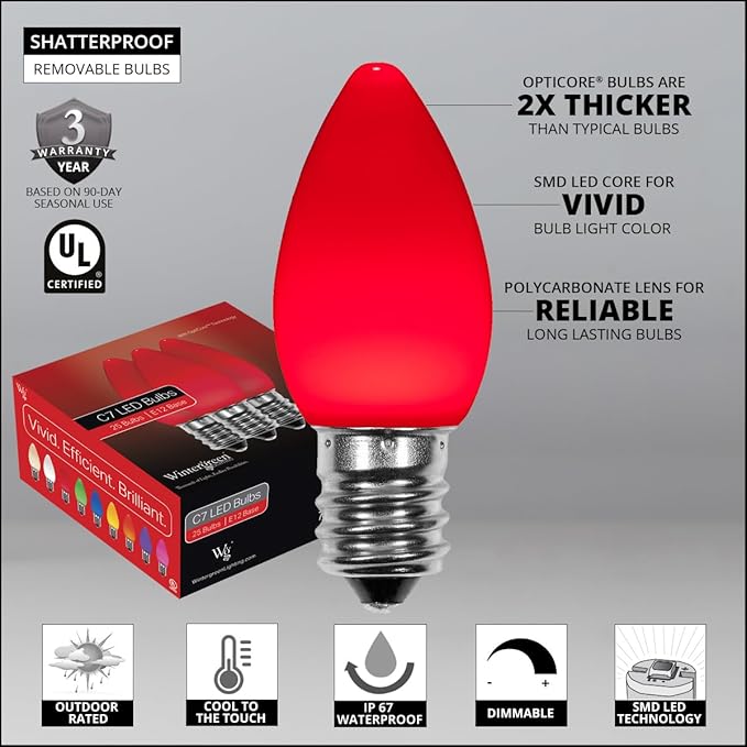Wintergreen Lighting Opticore LED Commercial C7 Red Christmas Lights, Outdoor Rated Bulbs with Vintage Style Ceramic Finish for Valentine's Day, Heavy Duty 18 Gauge Green Wire (100 Lights, 100 ft)