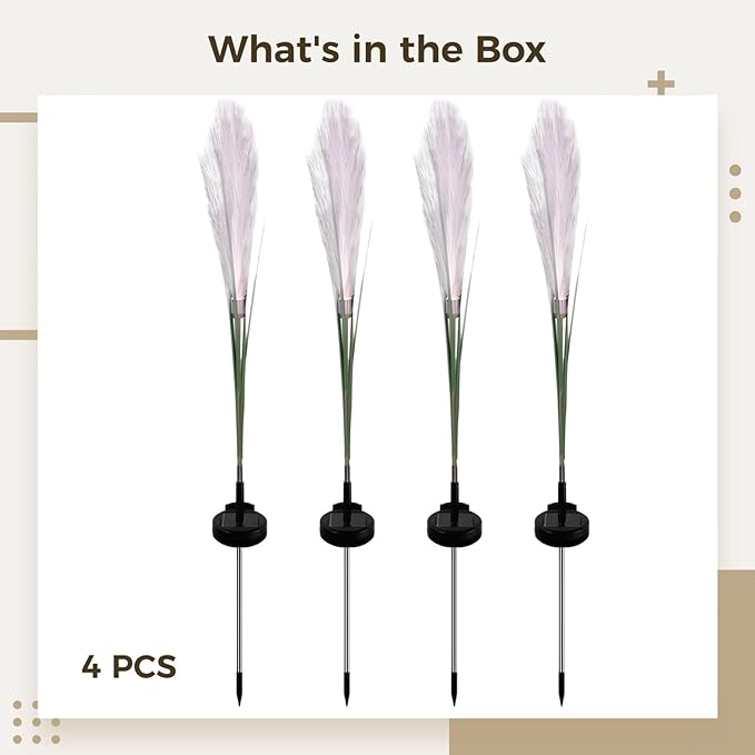 4-Pack Solar Reeds Garden Lights, Waterproof Pampas Grass Landscape Stakes, Outdoor Solar-Powered Led Decorative Lights for Yard, Pathways, and Lawns