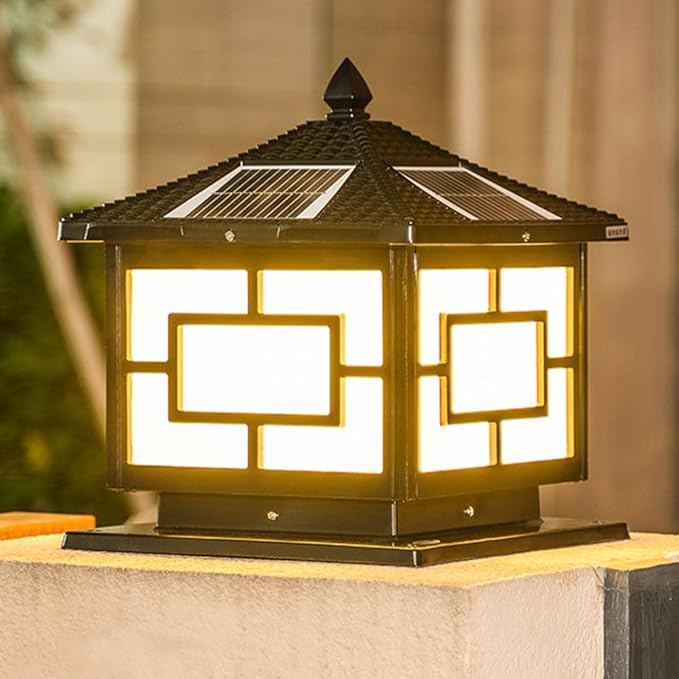 Exterior Pillar Pole Lantern with Solar Powered Rustic Pillar Lamp with 4 Light Modes Square Outdoor Waterproof Solar Lamp Solar Post Light for 4x4 Wooden Posts for Garden Yard Pathway
