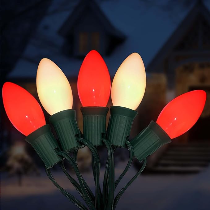 C9 LED Christmas Lights, 25Ft Vintage C9 Christmas Lights with 26 LED Ceramic Red White Bulbs, Hanging Connectable Xmas String Lights for Patio Garden Holiday Home Xmas Decor-Green Wire