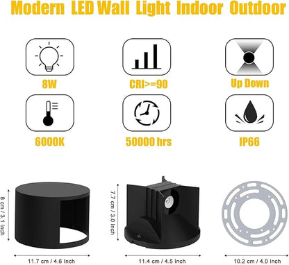 Kawell 8W Modern LED Wall Sconce Light Up Down Waterproof Outdoor Wall Lamp Indoor Hardwired for Bedroom Bathroom Hallway Stairs Porch, Black 6000K