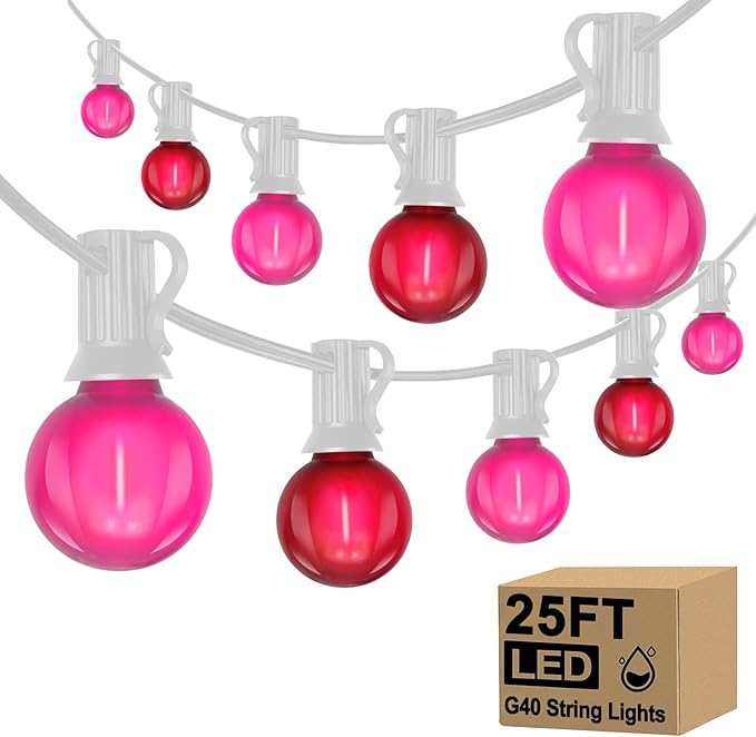 G40 LED Valentine’s Day String Lights, 25Ft Valentines Decorations Lights Outdoor with Frosted Red Pink Round Bulbs, Hanging Patio Lights Shatterproof for Indoor Home Decor Wedding Party, White Wire