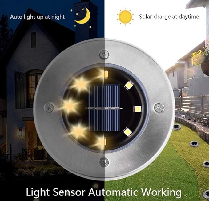 Solar Ground Lights 8 LED Disk Light Solar Powered Ground Lights Outdoor Garden Pathway Lights for Outdoor Solar Landscape Path Yard Driveway Pathway Walkway, 6 Pack,Warm White,Siliver Finish