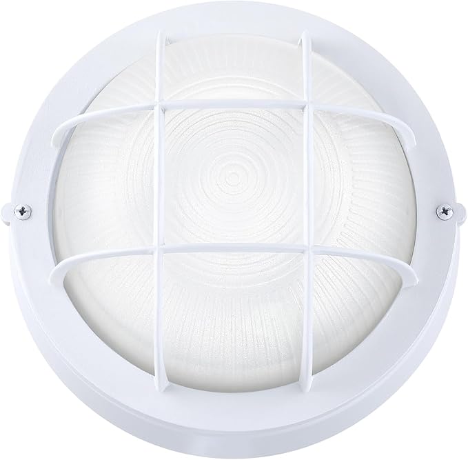 GRUENLICH 8'' Round LED Bulkhead Light, Outdoor Wall Lights Dimmable, Sauna & Exterior Lighting, ETL Rated, 15W 1600 Lumen, 5000K Daylight White, White Cast Aluminum, Wall/Ceiling Mount, 1 Pack