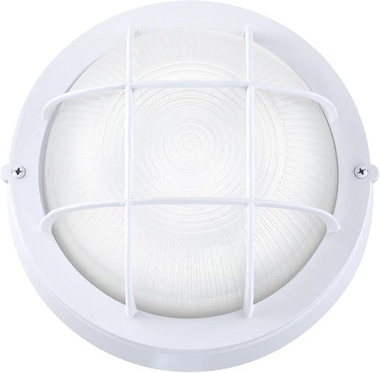 GRUENLICH 8'' Round LED Bulkhead Light, Outdoor Wall Lights Dimmable, Sauna & Exterior Lighting, ETL Rated, 15W 1600 Lumen, 5000K Daylight White, White Cast Aluminum, Wall/Ceiling Mount, 1 Pack