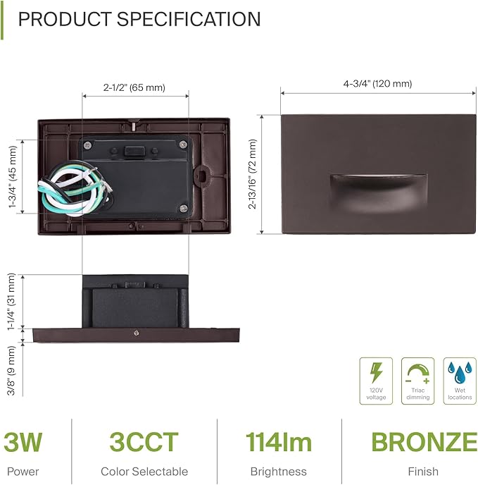 ASD LED Recessed Step Light Fixture, Outdoor & Indoor Tread Lighting | 3CCT, Dimmable, Waterproof, ETL Listed | 3W | Lumora