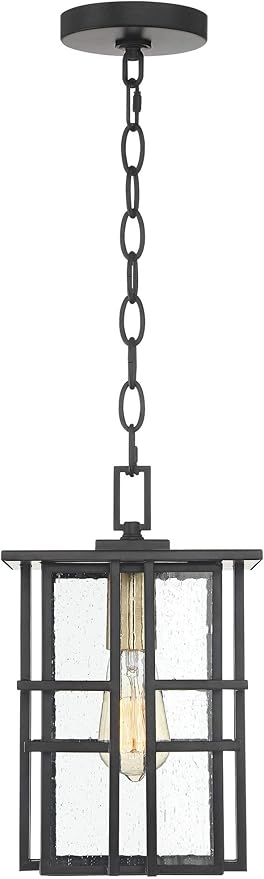 Possini Euro Design Arley Modern Outdoor Hanging Ceiling Light Fixture Black Geometric Frame 12 1/2" Seedy Glass | Lumora