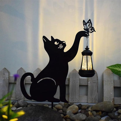 Garden Solar Cat Stake, Waterproof Landscape Path Lights,Metal Cat and Butterfly Decor Solar Garden Lights, Solar Laser Cut Cat Silhouette Stake for Outdoor Patio Yard Decorations