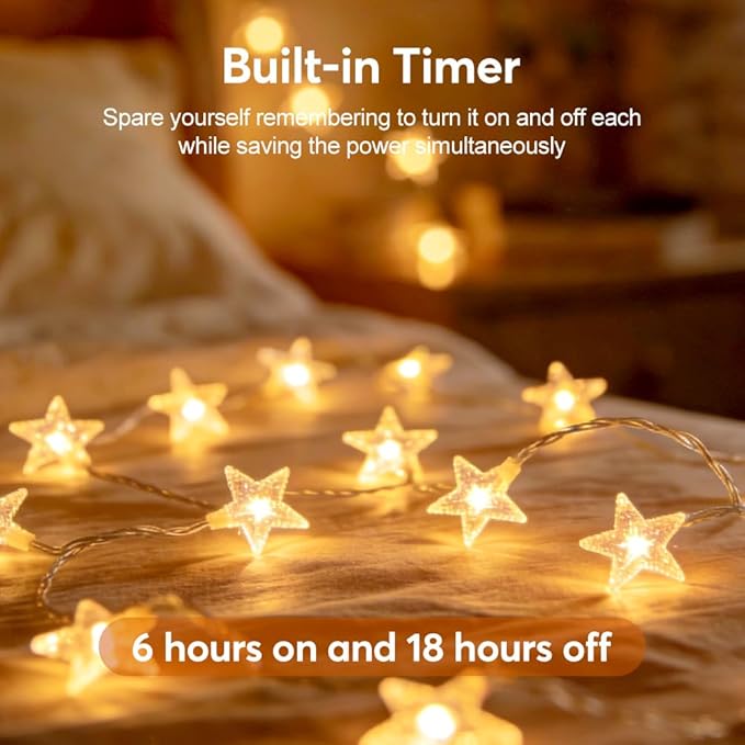 49.2ft Warm White Star String Lights, 100 LED with 16ft Extended Lead Wire & Remote, 8 Modes, IP44 Waterproof Plug in Linkable Lights for Outdoor Indoor Party Wedding